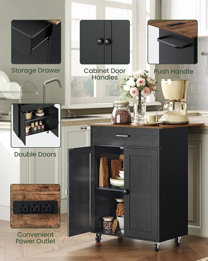 CHOEZON Kitchen Island, Kitchen Island Cart with One Double Cabinet and Drawer, Rolling Storage Cart with Power Strip, with Drop Leaf, for Kitchen, Living Room, Black and Rustic Brown MZD01UBFN1