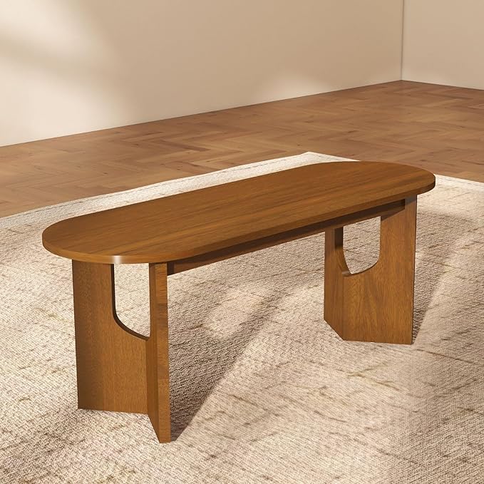 VESCASA 47.25" L Walnut Wood Oval Bench, Solid Wood Dining Bench with Wooden Legs for Dining Room, Restaurant, 1 Piece
