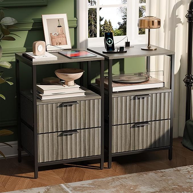 VINGLI Night Stand Set 2 with Charging Station and Fabric Drawers, Fluted Grey Night Stand Set of 2, Gray Nightstand with Drawers, Grey Bedside Tables/End Tables for Bedroom, 14.96"W*11.81"D*23.78"H