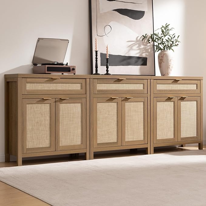 SICOTAS Buffet Cabinet Sideboard with Storage, Rattan Accent Cabinet with Doors Drawer, Boho Credenzas Farmhouse Buffet Table Console Coffee Bar Cabinets for Entryway Living Room, Natural Oak