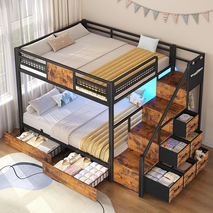 BTHFST Bunk Bed Full Over Full with Stairs, LED Lights Full Bunk Beds with 2 Storage Drawers & 6 Fabric Drawers, Metal Full Loft Beds with Safety Guardrail & Stairs, Space Saving, Rustic Brown