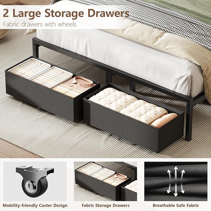 Furnulem Full Size Bed Frame with Headboard, Upholstered Full Bed Frame with LED Light, USB Charging Station, Platform Bedframe with 2 Fabric Underbed Storage Drawers, No Spring Box Needed