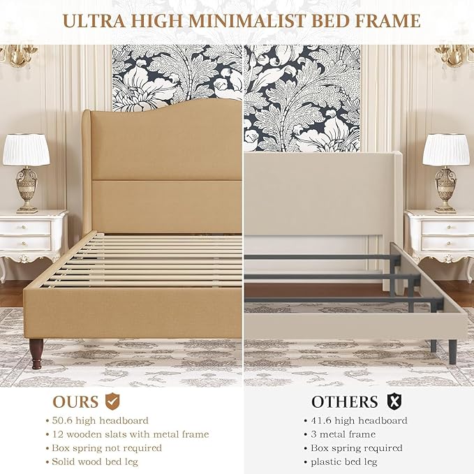 koorlian Queen Size Bed Frame Upholstered Platform Bed with 51'' Tall Fabric Headboard and Wooden Slats Support, Retro Minimalist Style/Fully Upholstered/Easy Assembly, Warm Brown