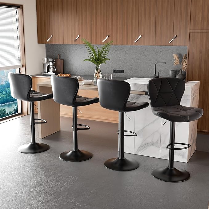 Nalupatio Modern Bar Stools Set of 3, Adjustable Faux Leather Upholstered Swivel Bar Stools, Counter Height Bar Chairs with Back for Kitchen Island, Black