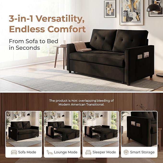 Convertible Sofa Bed, Pull Out Couch with Side Pockets, 3 in 1 Velvet Fabric Loveseat Sleeper Sofa Bed, Pull Out Couch with Adjustable Backrest for Living Room, Bedroom, Apartment, Light Gray