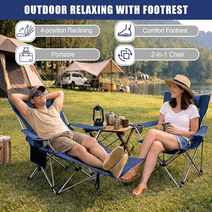 Colingmill 2 Pcs 2 in 1 Reclining Camping Chair with Footrest for Adults Folding Lounger Mesh Beach Chair Adjustable Backrest Lightweight Lawn Chairs for Camping Tailgates Outdoor Beach(Navy Blue)