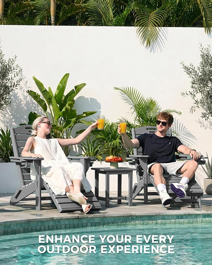 Adjustable Adirondack Chairs Set of 2 with Retractable Ottoman, HDPE Folding Adirondack Chair with Cup Holders, Weather Resistant for Backyard, Poolside & Fire Pit (Grey)