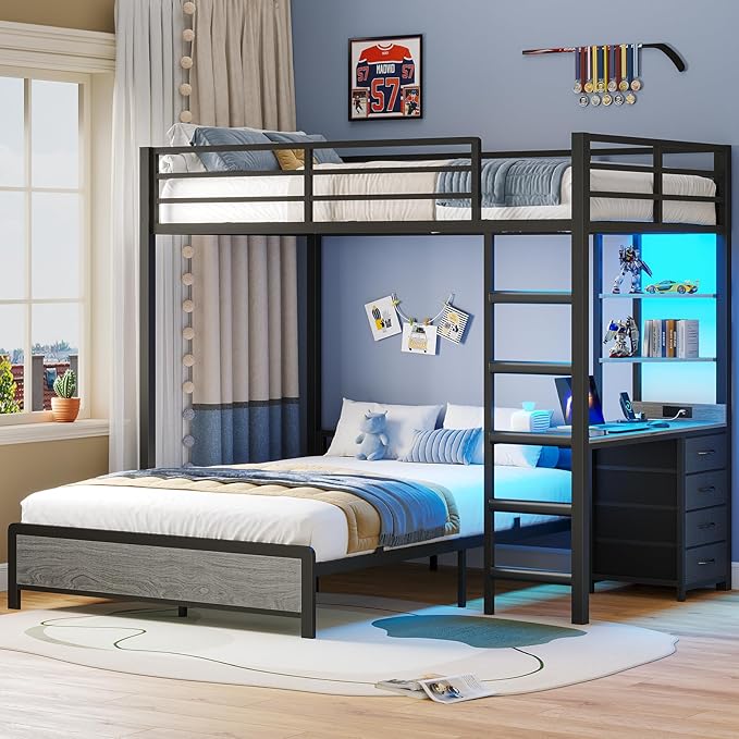 ADORNEVE Twin Over Full Bunk Bed with Desk, Bunk Beds Twin Over Full Size with Charging Station & Led Lights, Storage Drawers & Shelves, Loft Bed with Safety Guardrail & Ladder for Kids/Teens, Grey