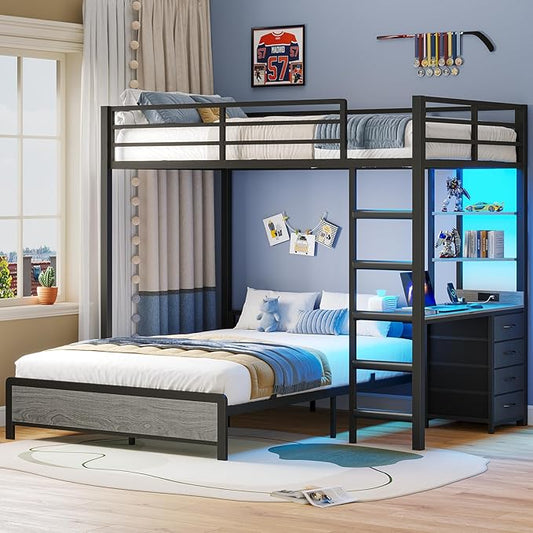 ADORNEVE Twin Over Full Bunk Bed with Desk, Bunk Beds Twin Over Full Size with Charging Station & Led Lights, Storage Drawers & Shelves, Loft Bed with Safety Guardrail & Ladder for Kids/Teens, Grey