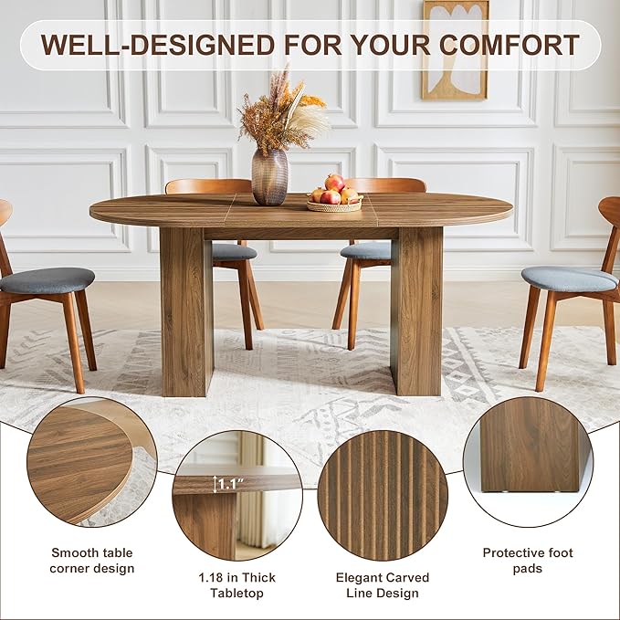 weselon 70.8" Oval Dining Table with Dual Side Storage Shelves, Rustic Farmhouse Table for 4–6 People, Modern Wooden Round Dinner Table for Kitchen, Reception, or Living Room (Walnut, Table Only)