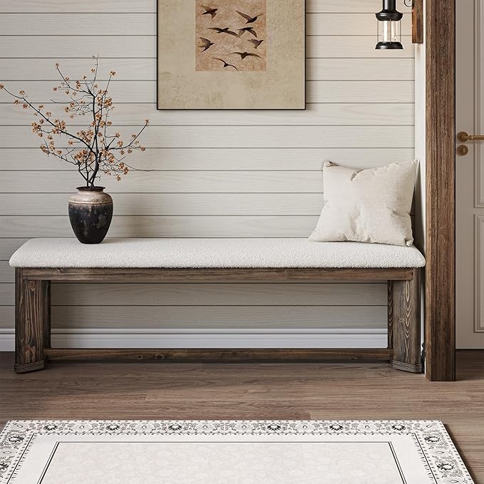 LITTLE TREE 63" Upholstered Bench, Solid Wood Entryway Shoe Bench with Cushion, Long Modern Farmhouse End of Bed Bench with Antique Brown Legs & Faux Lamb Fur Seat for Bedroom 2 PCS