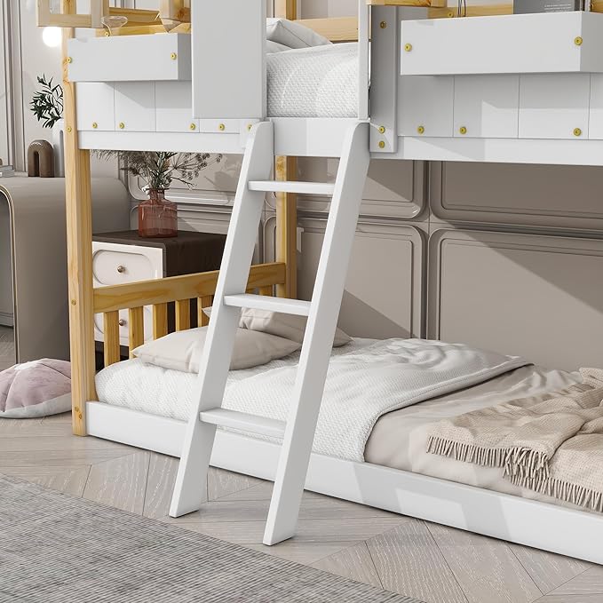 Wooden Twin Over Twin Floor Bunk House Bed with Door and Window Built-in Storage Box, Low Loft Bunk Bed for Kids Girls Boys Adults, No Box Spring Needed, Natural/White