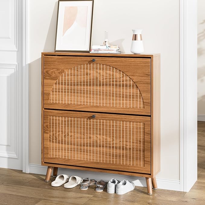 Fsbecl Shoe Storage Cabinet for Entryway with 2 Flip Drawers, Narrow Wood Shoe Cabinet with Fluted Panel, Freestanding Hidden Shoe Organizer for Foyer, Hallway (Walnut - No Shelf)
