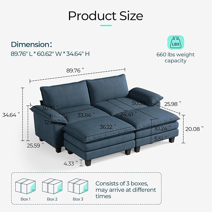 LINSY HOME 90" Modular Cloud Love Seat Sofa, Corduroy Soft Sectional Couch, Modern Comfy Love Seat with 2 Movable Ottoman, Perfect for Living Room, Apartment, Office, Blue