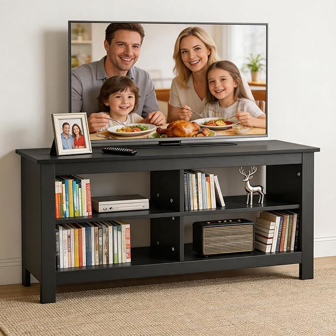 Gyger 43 Inches TV Stand,Mid Century Modern Entertainment Center with 4 Open Shelves Farmhouse TV Media Console Table for Living Room,Bedroom,Television Stand up to 50 Inches(Black)