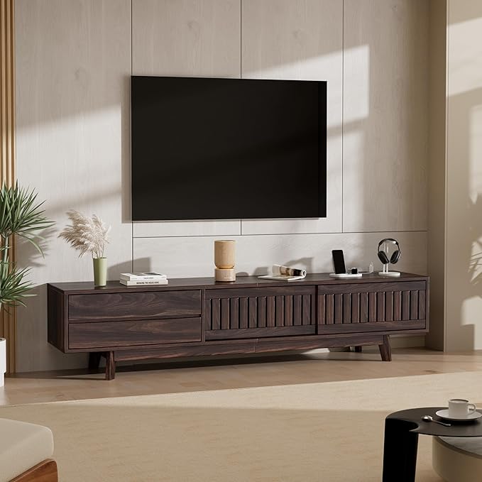 TV Stand for up to 85 Inch TVs, 78.7" Entertainment Center with Storage & Power Outlet, Mid Century Modern Media Console w Drawers and Sliding Door, Television Stands for Living Room, Walnut