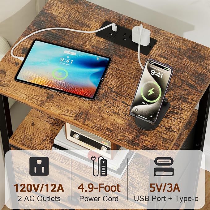 LOAKEKEL Night Stand, Nightstand with Charging Station, Slim Industrial Bedside Table with 2 Fabric Drawers, Small End Table with USB & Type-C Ports for Bedroom, Brown, HETS020BR-1