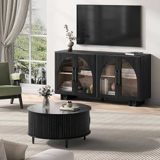 JOINICE Round Coffee Table and Sideboard Buffet Cabinet Set,31.5" Fluted Center Table with Sliding Door for Living Room,63" Arched Credenza Storage Cabinet with Glass Doors,Modern Wood Furniture,Black
