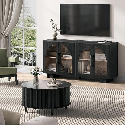 JOINICE Round Coffee Table and Sideboard Buffet Cabinet Set,31.5" Fluted Center Table with Sliding Door for Living Room,63" Arched Credenza Storage Cabinet with Glass Doors,Modern Wood Furniture,Black