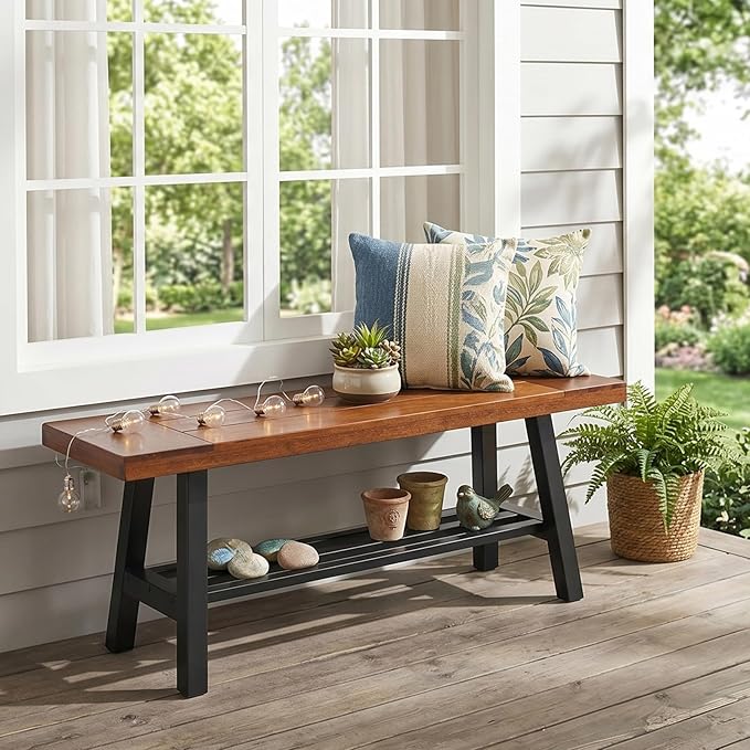 VINGLI 40in Storage Bench, Solid Wood Seat with Metal Storage Shelf, Weather Resistant High Capacity Indoor Outdoor Dining Benches, Sturdy Shoe Rack Bench for Entryway Mudroom Porch