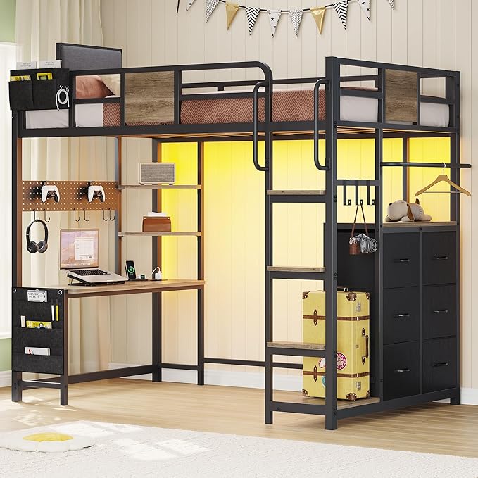 BYSAUD Loft Bed Twin Size, Loft Bed with Desk and 6 Storage Drawers, Twin Loft Beds with Charging Station and 4 Storage Shelves, Bunk Bed with Safety Guard & Ladder, No Box Spring Needed, Oak Gray
