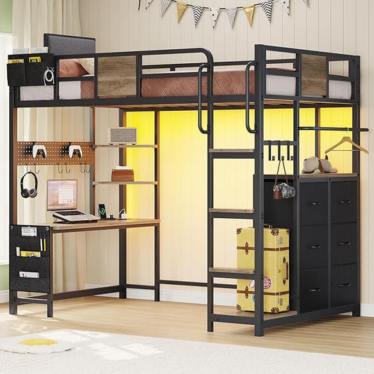BYSAUD Loft Bed Twin Size, Loft Bed with Desk and 6 Storage Drawers, Twin Loft Beds with Charging Station and 4 Storage Shelves, Bunk Bed with Safety Guard & Ladder, No Box Spring Needed, Oak Gray