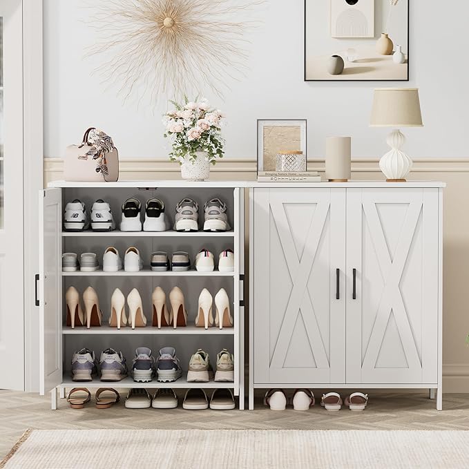 Homleke Farmhouse Shoe Cabinet with 2 Barn Doors & Wood Legs, 5-Tier Shoe Storage Cabinet with 3 Adjustable Shelves, Tall Shoe Rack Organizer for Closet, Shoe Organizer for Entryway, Hallway, White
