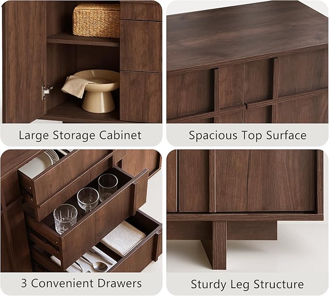 Sideboard Buffet Cabinet with Storage, 47.2" Large Sideboard with 2 Doors& 3 Drawers, Mid Century Modern Credenza with Skeleton line&Wood Grain for Living Room, Kitchen and Entryway, Walnut