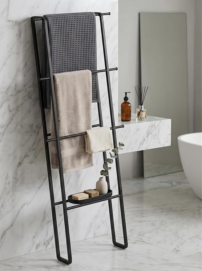 CANYAVE Metal Leaning Ladder Towel Rack, 4-Tier Blanket Stand for Bathroom Living Room, No Drilling Quilt Storage Organizer (Matte Black)