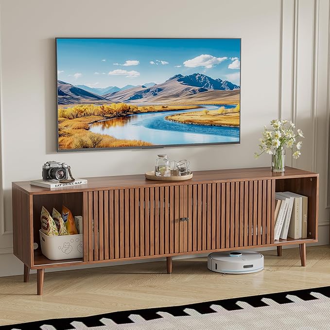Oubayajia Mid Century Modern TV Stand for Televisions up to 70 Inches, with Sliding Doors and Storage, Television Stands, TV Consoles, Media Consoles for Living Room(Walnut-70inch)