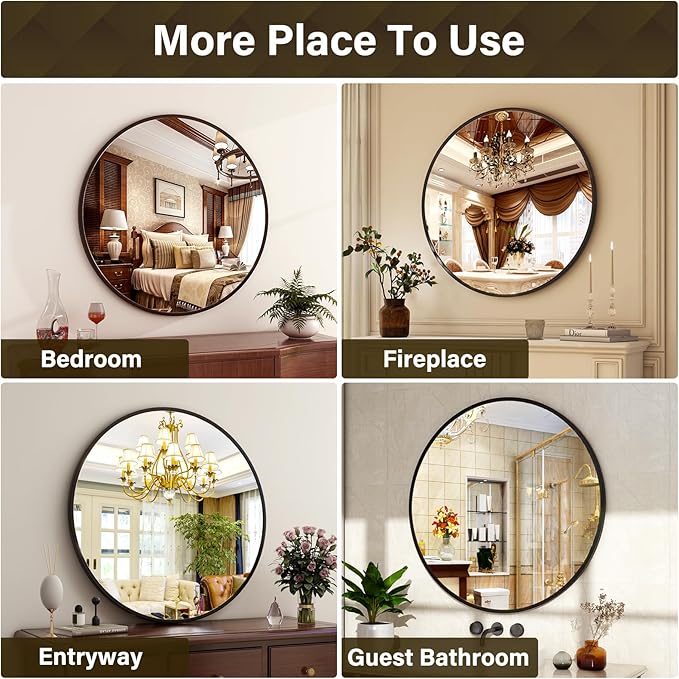 XRAMFY 24 Inch Round Mirror - Circle Mirrors for Bathroom, Entryway and Living Room Wall Decor, Modern Hanging Vanity Mirror, Matte Black Circle Decorative Wall Mirror