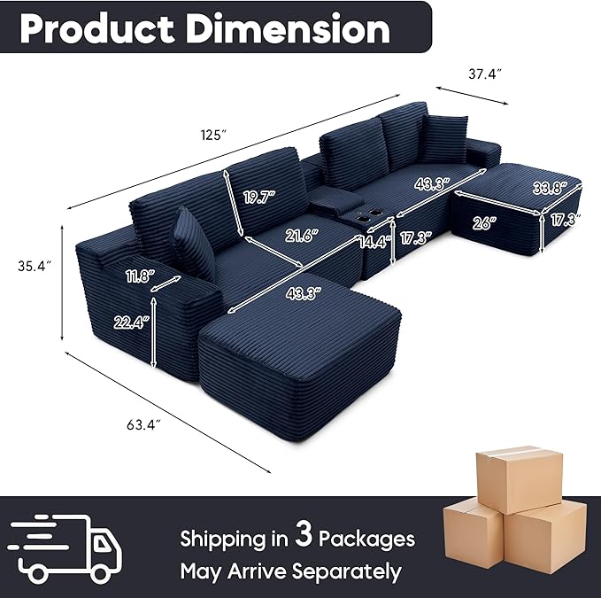 125 Inch Modular Sectional Sofa, Modern Oversized Corduroy Cloud Couch with 2 Ottomans, Cup Holders and USB Ports, U Shape Couch Boneless Couches for Living Room, No Assembly Required, Blue