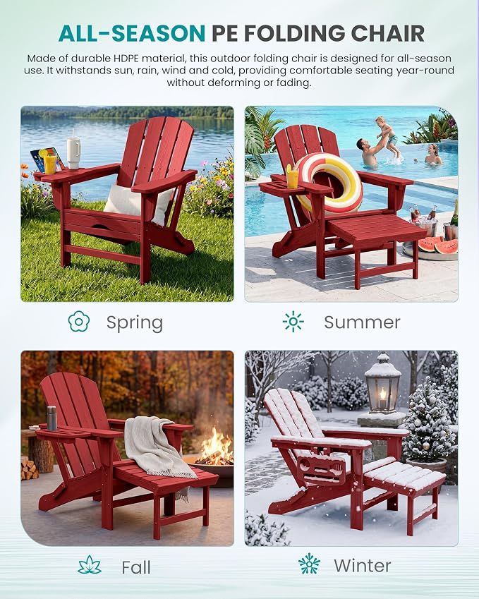 SERWALL Folding Adjustable Adirondack Chairs with Footrest Set of 4, HDPE Outdoor Chair with 4-in-1 Cup Holders, All Weather Adirondack Chair with Ottoman, Red