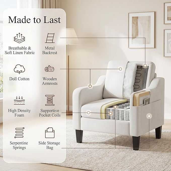 Accent Chair for Living Room, Mid-Century Upholstered Armchair with Foldable Table & 2 Side Pockets, Modern Linen Wooden Sofa Chair for Bedroom & Reading Room, Beige