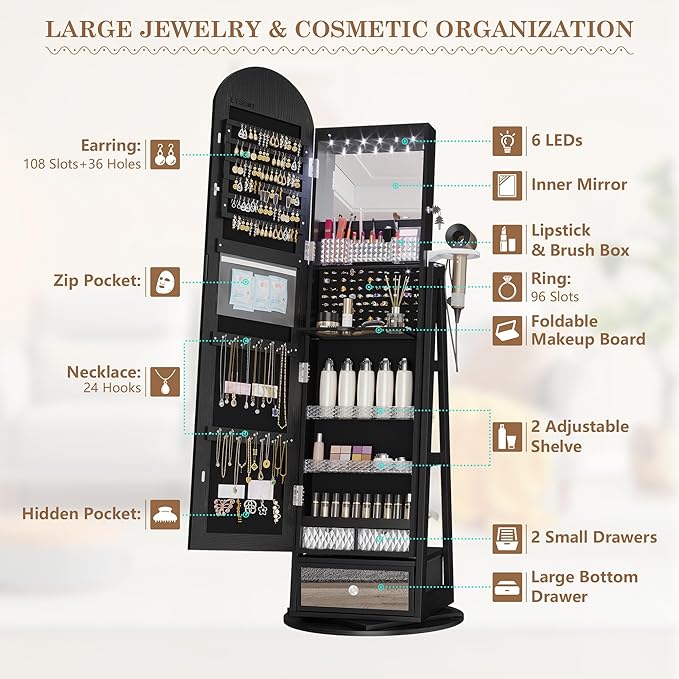 LVSOMT 64" H Arched LED Mirror Jewelry Cabinet Standing, 360° Swivel Full-Length Mirror with Storage, Lockable Jewelry Organizer with Inner Makeup Shelf, Gift for Women, Black