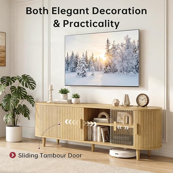 65" Mid Century Modern TV Stand, Wood TV Consoles with Sliding Doors and Power Outlet, Fluted Entertainment Center with Adjustable Shelves, Media Console for Living Room, Oak