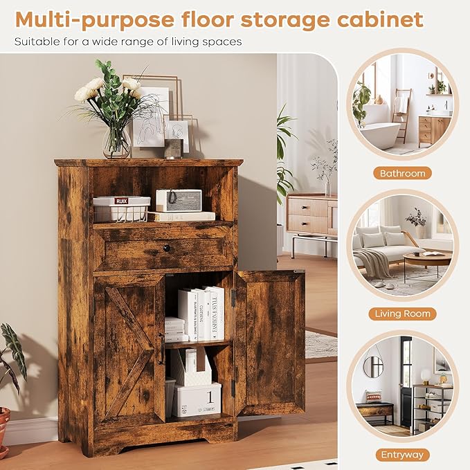 Floor Cabinet, Farmhouse Storage Cabinet with Barn Doors and Drawer, Freestanding Adjustable Shelf Organizer for Bathroom, Kitchen, Living Room Rustic Brown