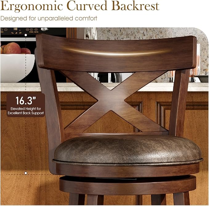 Sophia & William Swivel Bar Stools Set of 2, 26 Inch Counter Height Barstools with Cross Back & Solid Wood Legs,Modern Faux Leather Bar Chairs for Kitchen Island