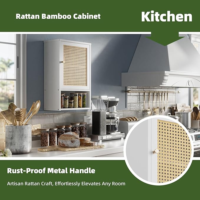 Bathroom Wall Cabinet, Bamboo Over-The-Toilet Storage Organizer with Rattan Doors and Adjustable Shelf, Space Saver Medicine Cabinet for Laundry, Kitchen, Living Room (White)