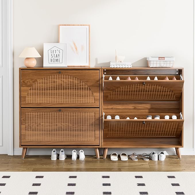 Fsbecl Shoe Storage Cabinet for Entryway with 2 Flip Drawers, Narrow Wood Shoe Cabinet with Fluted Panel, Freestanding Hidden Shoe Organizer for Foyer, Hallway (Walnut - No Shelf)