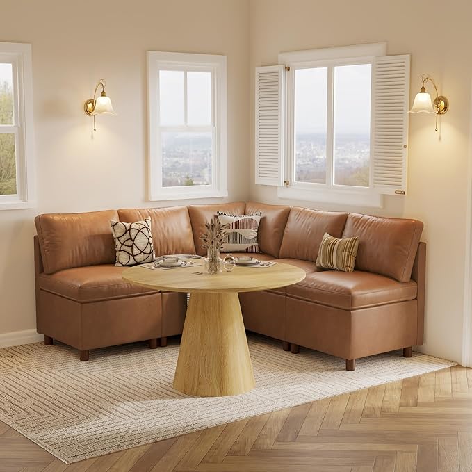 SITJOY Breakfast Nook Bench with Storage, Modular Corner Kitchen Banquette Seating, Dining Settee Couch, Upholstered Dining Bench with Back, Pet-Friendly Faux Leather in Brown, 5-Seat L Shaped Nook
