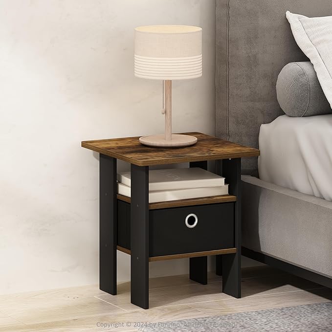 Furinno TIDUR Night Stand, Open Shelf Design Nightstand with Storage Bin, Bedside Table, End Table, Side Table, for Bedroom, Closet, Dorm, Amber Pine