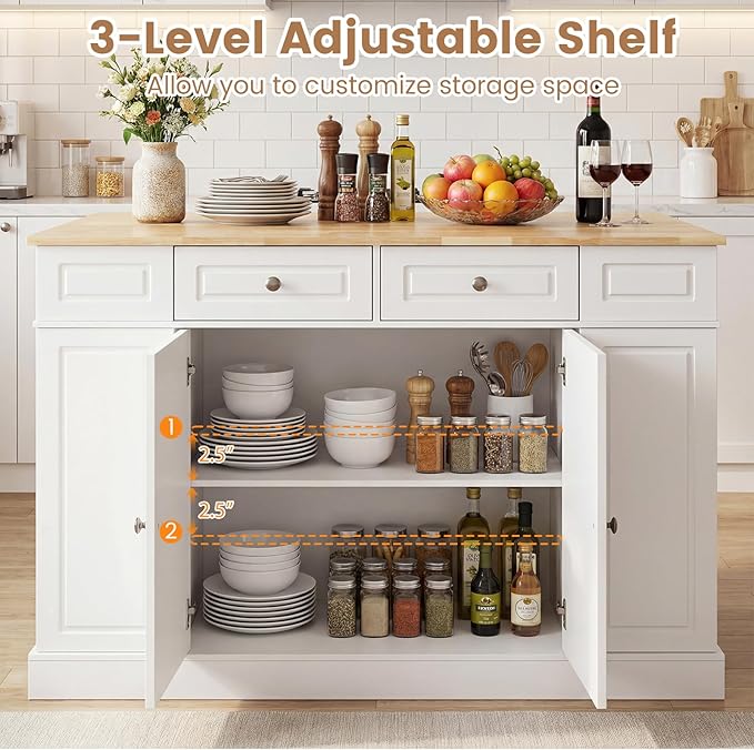 Giantex Kitchen Island with Storage & Drop Leaf, 48" Stationary Island Table with Rubber Wood Top, 2 Drawers, Cabinet, Adjustable Shelf, Butcher Block Island for Living Dining Room, Bar (White)