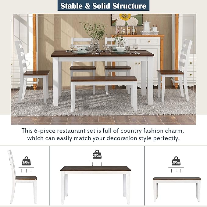Harper & Bright Designs Rustic Style 6-Piece Dining Room Table Set with 4 Ergonomic Designed Chairs & a Bench (Walnut + Cottage White)