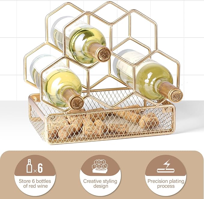 Countertop Wine Rack - 6 Bottle with Cork Storage Freestanding Modern Gold Metal Wine Rack - Tabletop Wine Holder Stand for Cabinet, Pantry, Wine Bottle Storage…