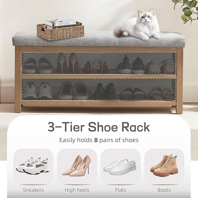 Zihanhome 2 Tier Shoe Rack Bench with Cushion, Solid Wood Shoe Benches, Mid-Century Modern Shoe Storage Bench for Entryway, Hallway, Living Room, Closet, Front Door Entrance, (Grey, 39.4")
