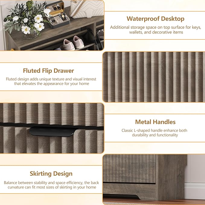 HUANLEGO Shoe Cabinet Storage for Entryway with 4 Flip Drawers, Grey Fluted Shoe Cabinet with Adjustable Shelves, Wooden Hidden Shoes Rack Freestanding Narrow Slim Shoes Storage for Hallway, Entrance