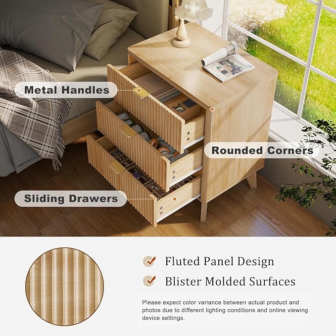 LYNCOHOME Fluted Nightstand Set of 2, Wood Bedside Table with 3 Drawers, Modern Farmhouse Storage End Table for Bedroom, Natural