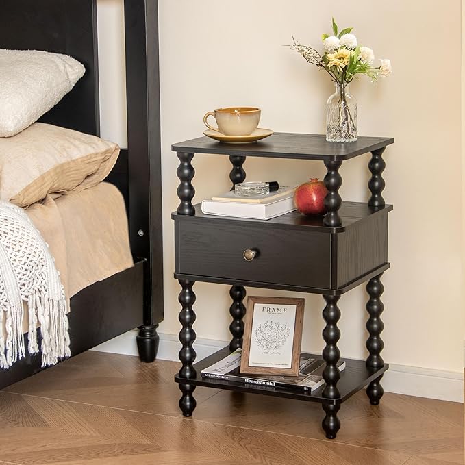 AWASEN Black Nightstand, Bed Side Table Bedroom with Drawer, 3-Tier Small Night Stand End Table with Storage for Small Spaces &Solid Wood Spindle Legs, Black