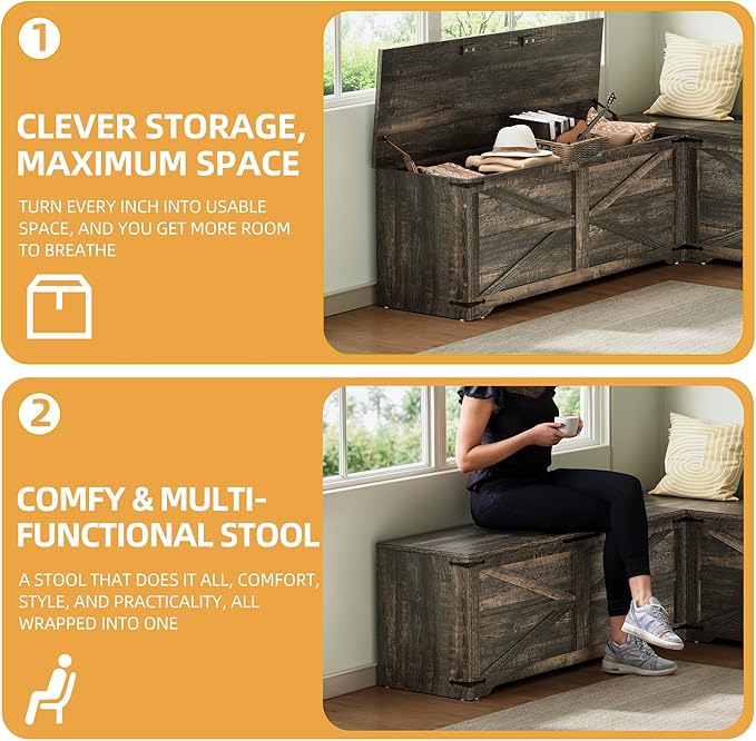 DWVO L-Shaped Storage Bench, 18" High Corner Dining Bench with Safety Hinges, Wooden Nook Chest for Living Room, Bedroom